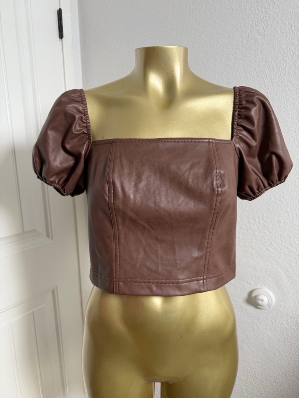 7 For All Mankind Womens Crop Top S Brown Faux Leather Puff Sleeve XS
